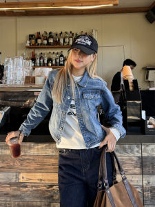 Áo Khoác Denim American Washed Slim Fit Cổ Bẻ Cho Nữ Áo Khoác Ngoài Mùa Thu Đa Năng Áo Khoác Ngoài Thường Ngày