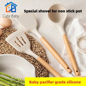 Silicone Wood Soup Spoon Spatula Brush Scraper Grey Oil Brush Kitchen Cooking Tools Kitchenware Utensils Cookware