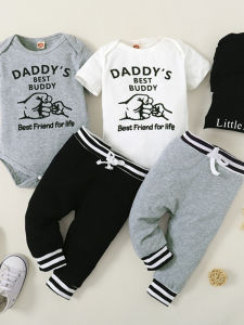 Cute Infant Boy Short Sleeve Letter Print Triangle Bib Pants Hat Three Piece Set Cotton Casual Spring Autumn Baby Outfit