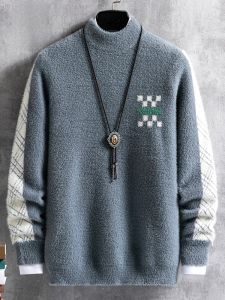 ROMON | Lormen Mens Mid-High Collar Thickened Woolen Sweater Fashionable Casual Winter Knitted Upperwear Mink Velvet Loose Fit