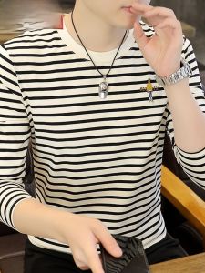 HENGYUANXIANG | Hengyuanxiang Pure Cotton Long Sleeve T-Shirt Mens Casual Round Neck Striped Base Shirt Spring Autumn Fashionable Streetwear
