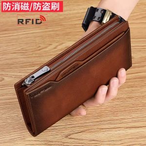 Williampolo Genuine Leather Mens Wallet Long Retro Color Block Multi-Card Handheld Bag Leather Clip Youth Summer Fashion