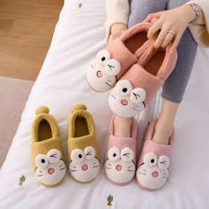 Womens Cotton Slippers Winter Home Indoor Cute Warmth Thick Bottom Fur Cartoon Couple Slippers Low Heel Flat Rubber Sole