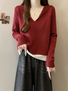 เสื้อสเวตเตอร์ถักมีฮู้ดสีแดง ไซส์ใหญ่ แฟชั่นฤดูใบไม้ร่วง ชั้นใน ชุดสองชิ้นปลอม เสื้อผ้าทำงานสไตล์เกาหลี ปกติ