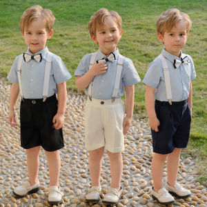 Kids Formal Strap Shirt Shorts Bowtie Wedding Birthday Dress Boys Summer Clothing Set Children Piano Performance Dance Costume