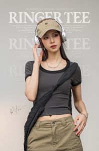 MADEN brand Ladies Fresh 2024 Summer New Contrast Color T-shirt Slim Fit Front Shoulder Round Neck Short Sleeve Spicy Girl Short Underlay Shirt Looks Slim