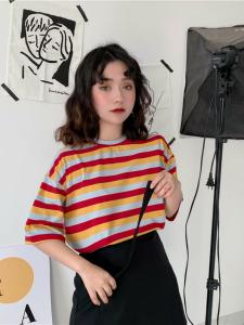 Summer 2021 Womens Loose Striped Short Sleeve T-shirt Simple Korean Style Base Layer Shirt for Students round Neck Print Element