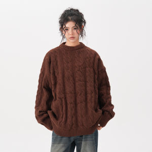 Bwka American Retro Cable Stitch round Neck Sweater Female Male Fall and Winter Heavy Weight Thicken Lazy Style Loose Couple Sweater