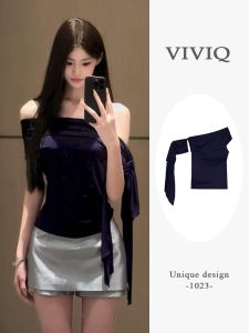 French เซ็กซี่ เสื้อยืดแขนสั้นไหล่เดียว ผู้หญิง แฟชั่น ฤดูร้อน ใหม่ไม่สมมาตรหวานและเผ็ด ปกเสื้อ ริบบิ้น สลิมฟิต ไม่สม่ําเสมอ เสื้อท่อนบน