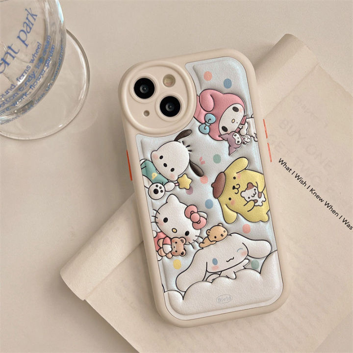 Pressed Leather Phone Case for iPhone 15 14 13 12 Pro Max Plus 11 Sanrio  Cute 3D Cartoon HelloKitty Cinnamoroll Puppy Camera Protection Soft TPU  Cover