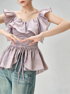 GULILI | Elegant French Square Collar Ruffled Flutter Sleeves Drawstring Waist Camisole