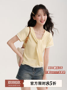 Yellow Short Sleeve T-Shirt Womens Summer Fake Two-Piece Design Sense Patchwork Shoulder Wrap Cotton Blend Korean Style
