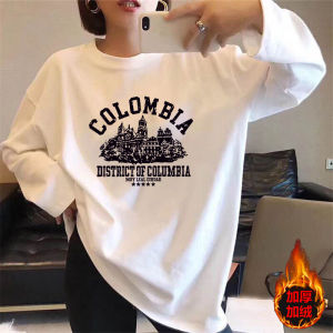 Womens Fleece Lined Thick Long Sleeve T-Shirt White Oversized Mid-Length Base Layer Shirt Korean Style Commute Print Casual Top