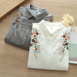 Double Layer Cotton Long Sleeve Shirt Womens Artistic Floral Embroidery Soft Skin-friendly Pure Cotton Loose Base Shirt Top