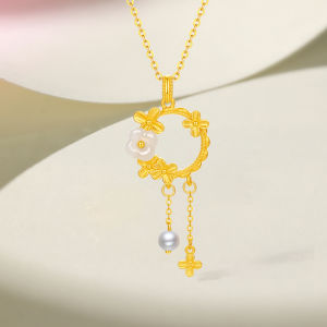ZHOU LIU FU 周六福 24K Solid Gold Flower Pendant Round Ring with Floral Hetian White Jade Freshwater Pearl Pendants Dainty Jewelry for Women Mom Daughter Birthday (Not Include Necklace) Y0414821