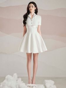 Slimming Short Dress High Waist Commuter Style Rich Girl Simple Design Youthful A-Line Skirt V-Neck Short Sleeve Pure Color