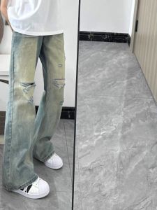 Summer Vintage Mud Color Ripped Jeans Mens American Retro CleanFit High Street Micro Flared Straight Leg Trendy Pants