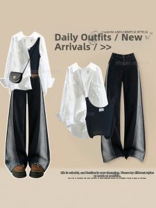 NUMEN BUTTON | Womens Large Size Sun Protection Casual Shirt Tank Top and Contrast Denim Pants Set