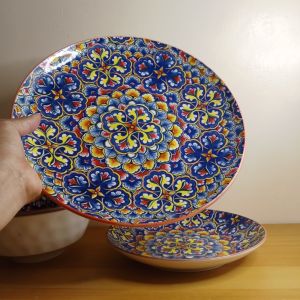 10.5 INCHES MOROCCAN BOHO DINNER PLATE / MEAT PLATE / MAIN DISH PLATE / BOHEMIAN PATTERN COMBI COLOR  BLUE YELLOW AND ORANGE / MICROWAVE SAFE / CERAMIC PORCELAIN