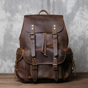 Retro Mad Horse Leather Double Shoulder Bag Mens Casual British Style Top Layer Cowhide Backpack Simple Drawstring Real Leather Laptop Bag