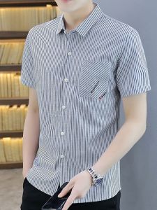 ROMON | Áo sơ mi nam Lormen tay ngắn sọc lụa băng mùa hè mỏng rộng rãi không cần ủi phong cách công sở thường ngày thời trang