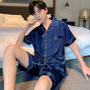 2Pcs Pyjama sets Summer Short-sleeved Silk Thin Mens Sleepwear Korean Style Elegant Solid Simple Fashion Suit