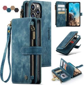 iPhone 16 Pro Max 15 14 13 12 Wallet Case with Card Holder Kickstand Magnetic Zipper Pocket Lanyard Strap WristletLeather Flip Case Wallet for iPhone 16 Pro 15 14 13 12 Max
