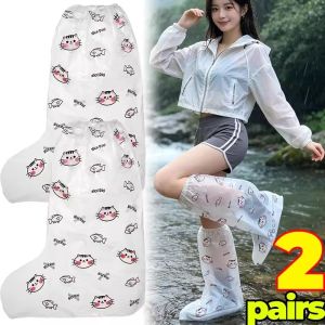 2Pairs Waterproof Rain Shoe Covers Disposable PE Boot Covers Cute Cat Fish Print High Tube Drawstring Non Slip for Hiking Camping