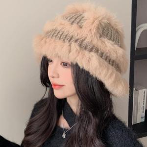 True Rabbit Fur Knitted Hat Womens Autumn Winter Warm Versatile Fisherman Hat Plush Wrap Head Small Face Thermal Woolen Hat