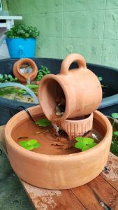 ชุดแก้วน้ำรินดินเผา+อ่าง+ปั๊มขนาด 4 วัตต์ มีชุดเล็กชุดใหญ่