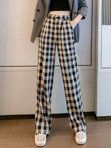 Black White Plaid Pants Womens Spring Autumn Summer Thin Narrow Straight Leg Long Casual Floor Length Wide Leg Pants