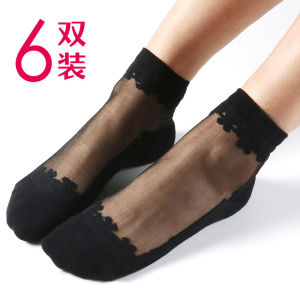 Womens Mid-Calf Ice Silk Cotton Lingerie Short Socks Transparent Anti-Slip Lace Breathable Comfortable Spring Autumn Crystal Glass Socks