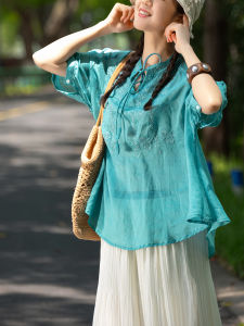 XIAOER | Floral Embroidery 100% Ramie Loose Fitting Blouse