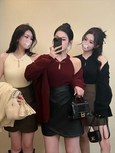 plus Size Womens Fashion Set New Chinese Style Vest Sweater Cardigan Outerwear Leather Skirt Three Piece Set for Young Women