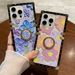 CrashStar Luxury Oil Painting Flower Straight Edge Shockproof Phone Case With Ring Holder For iPhone 15 14 Pro Max Plus 13 12 Mini 11 X XR XS Max 7 8 Plus + SE 2020 Fashion Soft Phone Casing Cover Shell With Stand