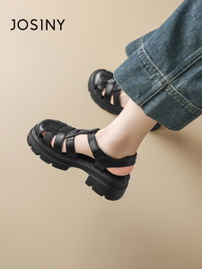 Josiny | Thick Heel Roman Sandals Vintage Woven Cage Style Elevated Covered Toe