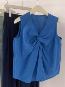 Klayin Blue Personality Twisted V-Neck Sleeveless Top for Women Summer High-End Luxury Design Loose Slim-Fit Pullover