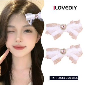 ILOVEDIY ปิ่นปักผมรูปโบว์เพชรสีชมพูครีมพัฟกิ๊บติดผมผ้าซาตินหินไรน์สโตนแห่งรักกิ๊บติดผมม้าเครื่องประดับผมกิ๊ปหนีบผมด้านข้างหัก