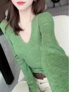 plus Size Womens Korean Style V-Neck Long Sleeve Knitwear Slimming Fitted Lazy Top Base Shirt Autumn Fashion Commute