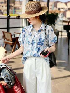TIANQIANHUI | Áo Sơ Mi Chiffon Màu Xanh Nhẹ Dáng Rộng Tay Ngắn
