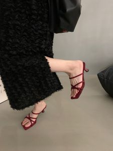 Red French Style Small High Heel Sandals Fairy Shoes 2025 New Popular Summer Skirt Matching Roman Shoes Thin Strap Sandals