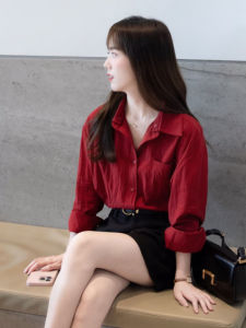 YUEZHONGWEI | Retro Hong Kong Style Long Sleeve Red Shirt Women Summer Thin Outerwear Polo Collar Top Korean Version Loose Fit Button Design