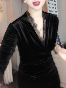 UYFY | Black Velvet Shirt Womens V-neck Lace Trim Slimming Top Fashionable Large Size Autumn New Style Cross Design Body Shaping