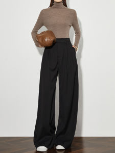 Gray Extended Length Drapey Suit Pants Woolen Casual Straight Leg Floor-Length Wide Leg Pants High Waist Zipper Closure