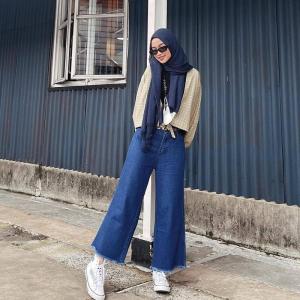 Celana Jeans Kulot Rawis Polos Jeans Panjang Tebal Wanita Dewasa