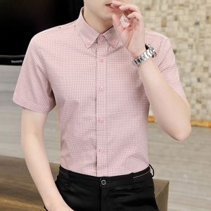 HENGYUANXIANG | Hengyuanxiang Mens Casual Business Short Sleeve Shirt Pure Cotton Plaid Lightweight Summer Shirt Fashionable City Style