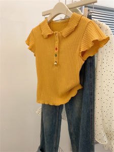 Summer Thin Ice Silk Knitted Short Sleeve T-Shirt Womens Design Sense Colorful Buttons Casual Style Korean Version Fishkaani