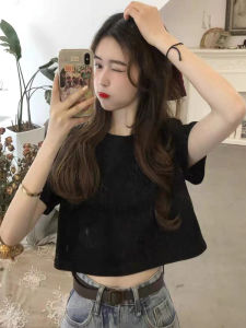 Áo Thun Cotton Tay Ngắn Màu Đen Cho Nữ Mùa Hè 2025 Phong Cách Mới Ngắn Hở Bụng Cạp Cao in Họa Tiết Cổ Tròn