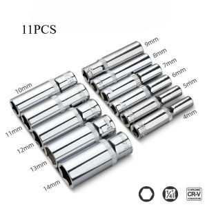 Metric Long Chrome Socket Set 1/4-Inch Drive Hex Deep Socket From 4 MM To 14 MM Professional Grade Wrench Heads Ratchet Tool
