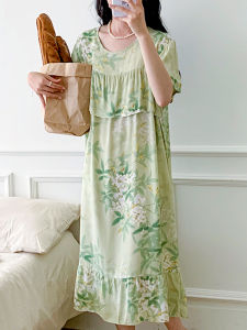 Sweet Womens Nipple Coverage Thin Nightdress Short Sleeve Skirt Lightweight Breathable Rayon Home Wear Loose Long Dress